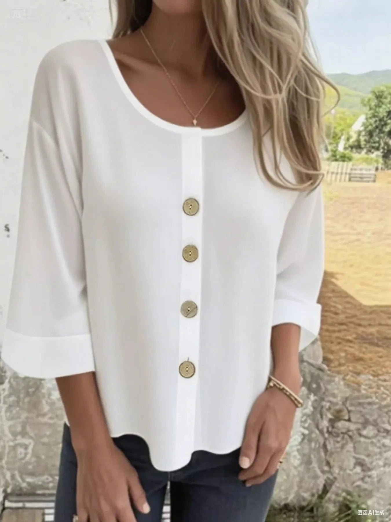 Full Size Button - Front 3/4 Sleeve Casual Blouse Plus Size - ShalayeFashion