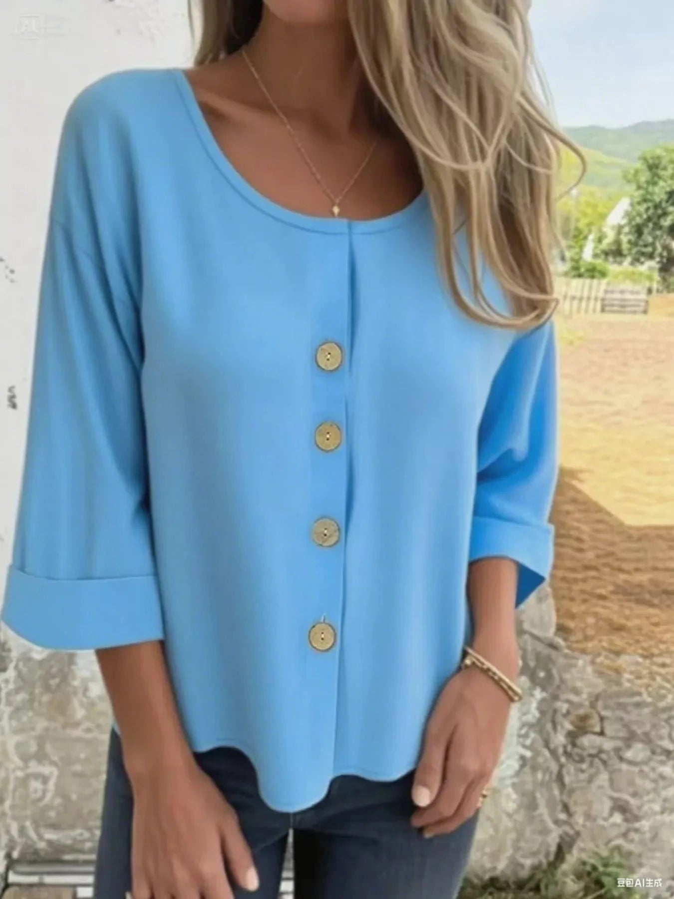 Full Size Button - Front 3/4 Sleeve Casual Blouse Plus Size - ShalayeFashion