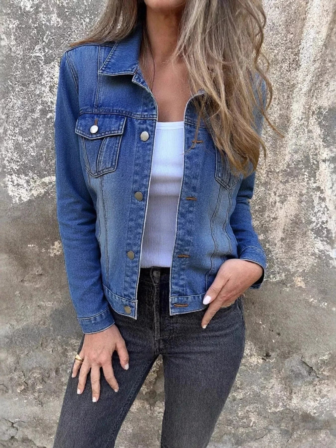 Full Size Button Front Long Sleeve Denim Jacket Plus Size - ShalayeFashion