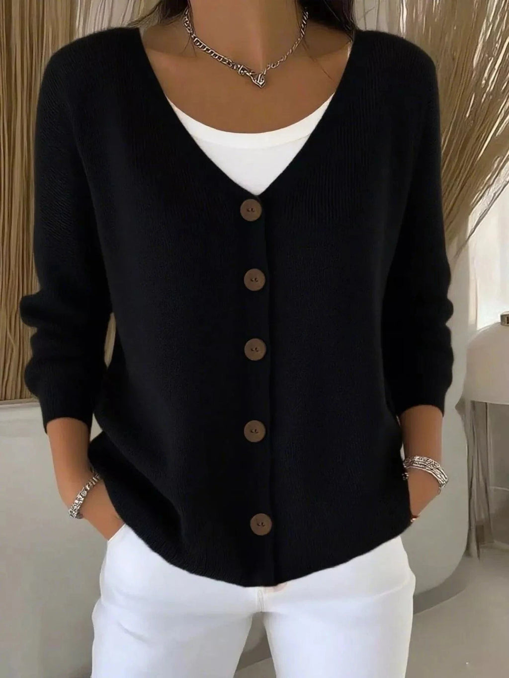 Full Size Button - Front V - Neck Cardigan Plus Size - ShalayeFashion