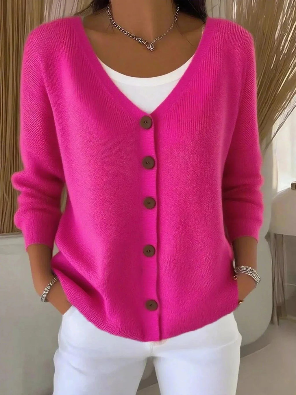Full Size Button - Front V - Neck Cardigan Plus Size - ShalayeFashion