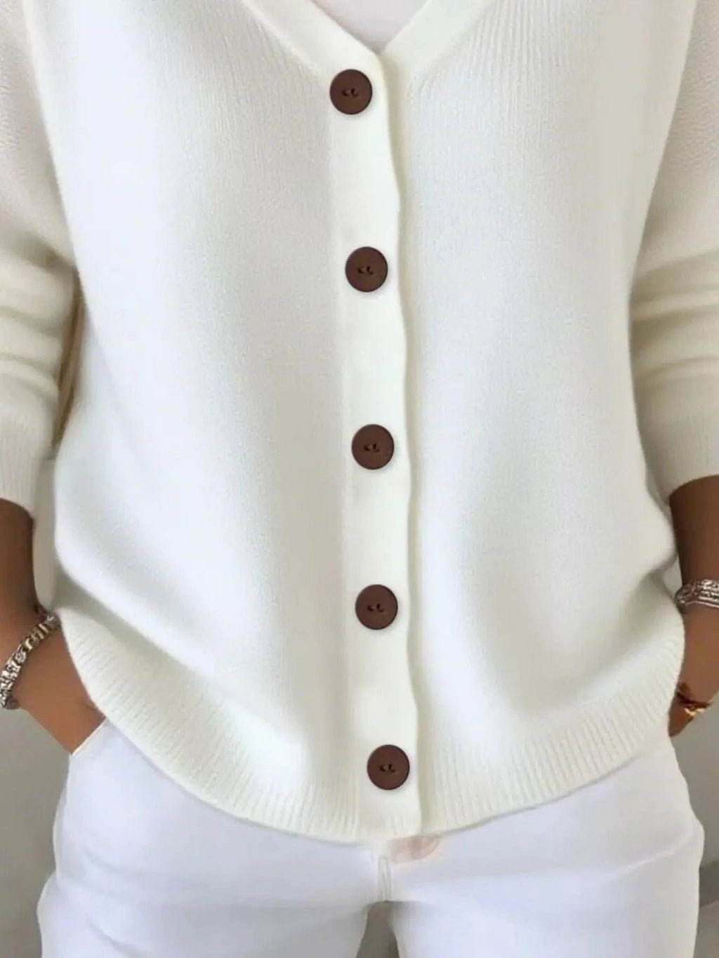 Full Size Button - Front V - Neck Cardigan Plus Size - ShalayeFashion