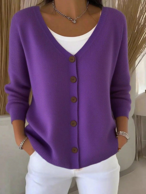 Full Size Button - Front V - Neck Cardigan Plus Size - ShalayeFashion