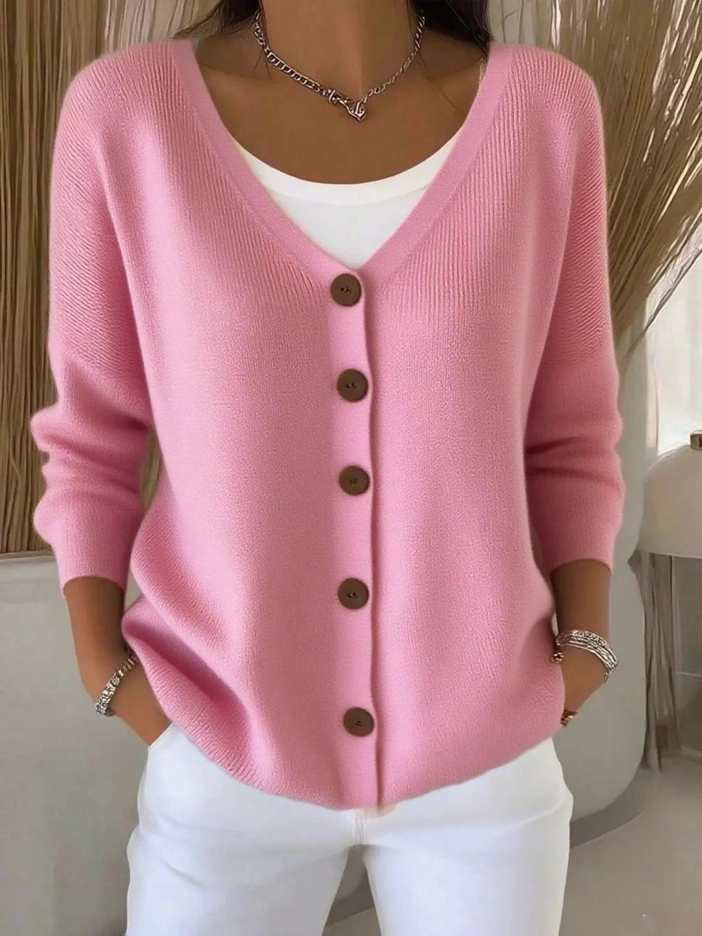 Full Size Button - Front V - Neck Cardigan Plus Size - ShalayeFashion