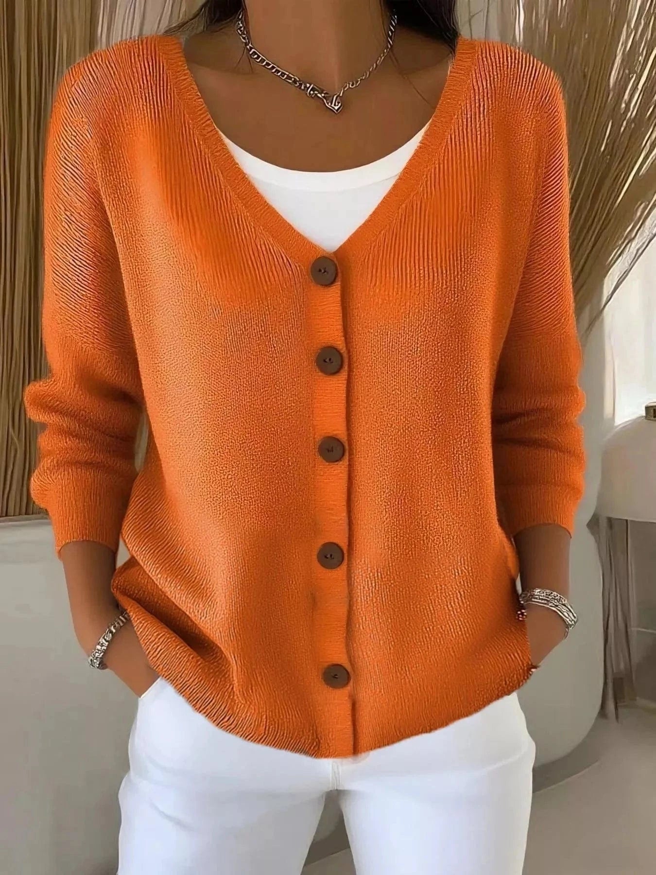 Full Size Button - Front V - Neck Cardigan Plus Size - ShalayeFashion
