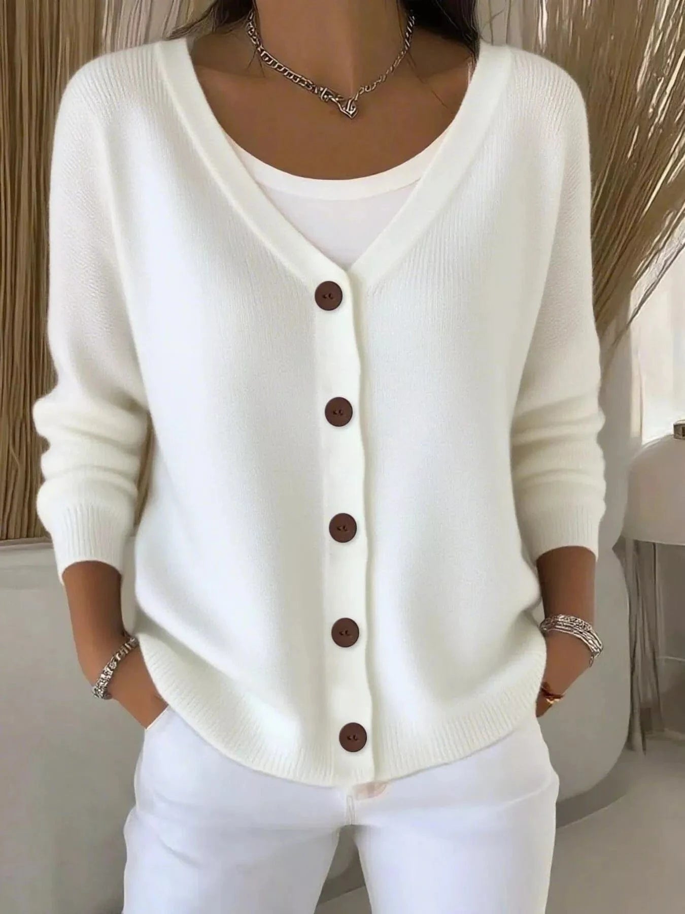 Full Size Button - Front V - Neck Cardigan Plus Size - ShalayeFashion