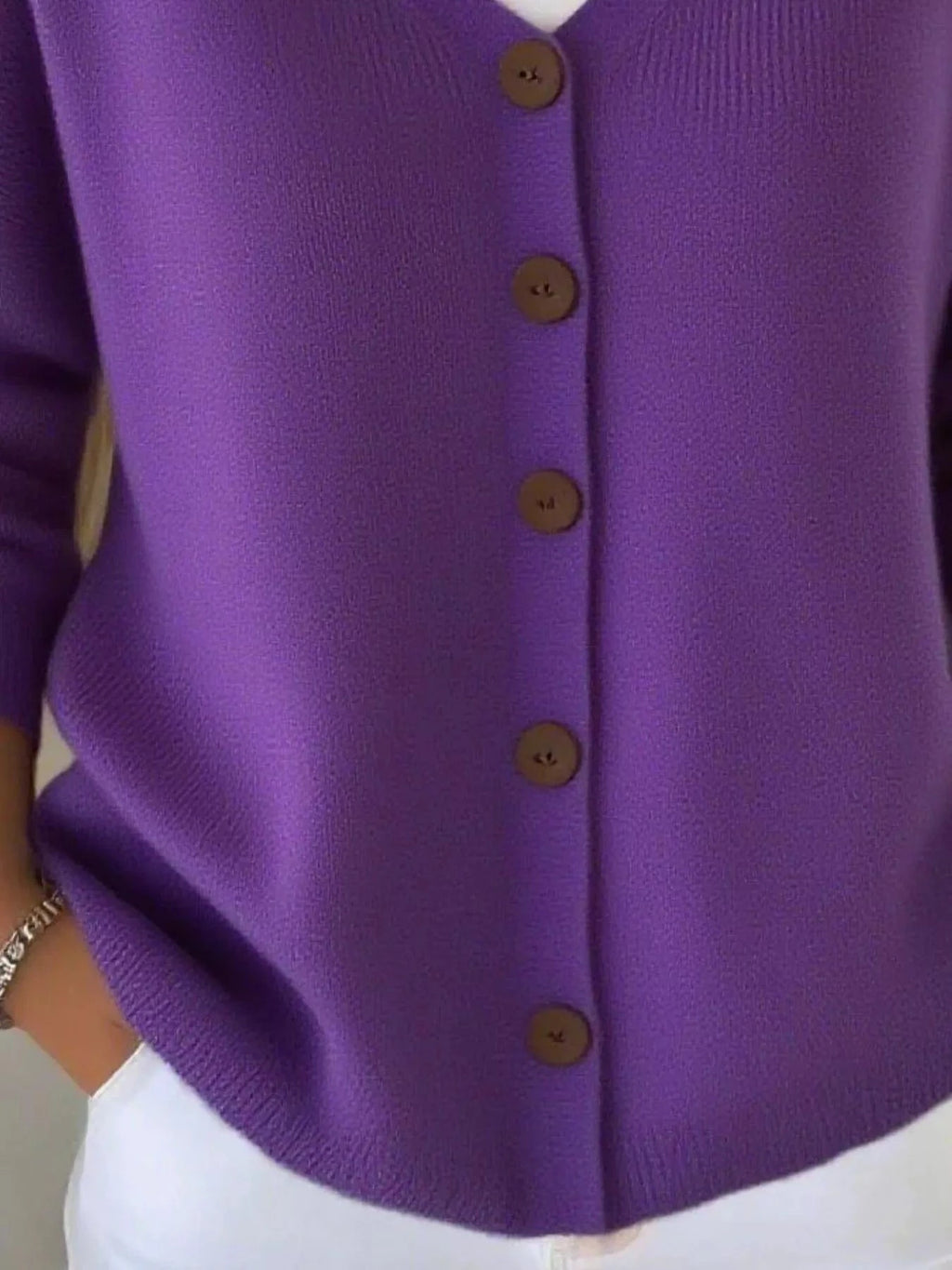 Full Size Button - Front V - Neck Cardigan Plus Size - ShalayeFashion