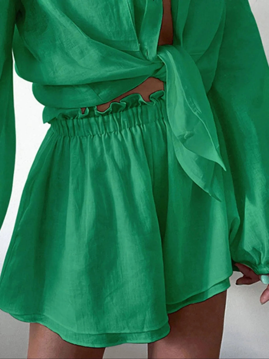 Full Size Button Up Balloon Sleeve Top and Shorts Set Plus Size - ShalayeFashion