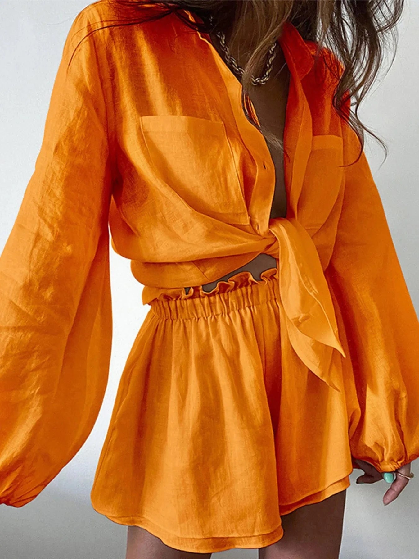 Full Size Button Up Balloon Sleeve Top and Shorts Set Plus Size - ShalayeFashion