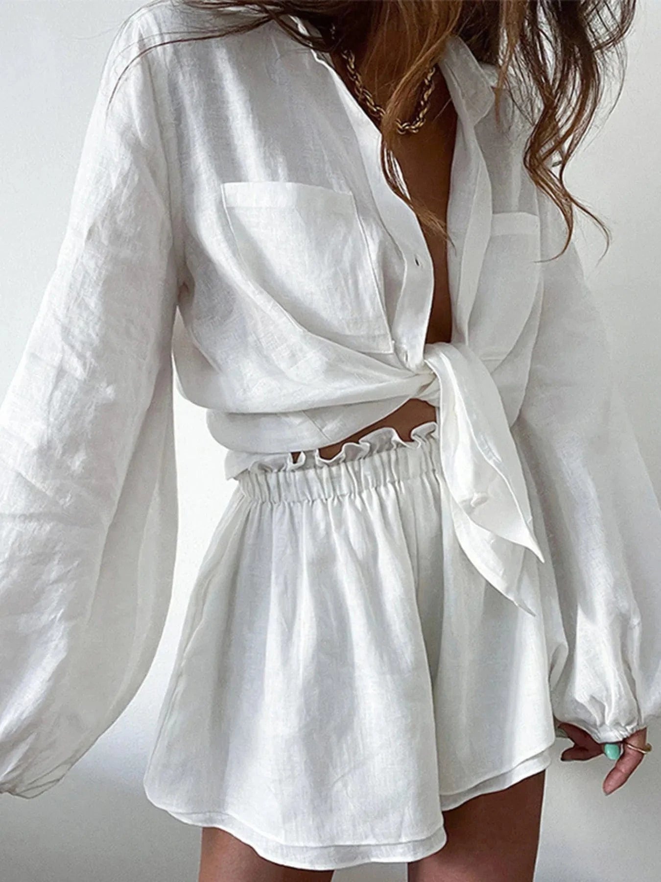 Full Size Button Up Balloon Sleeve Top and Shorts Set Plus Size - ShalayeFashion