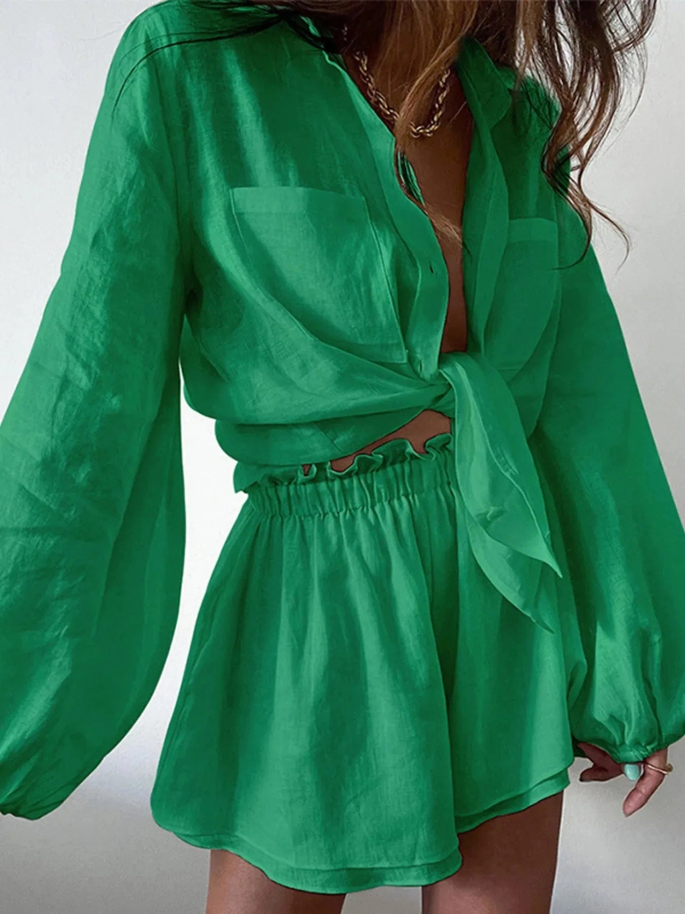 Full Size Button Up Balloon Sleeve Top and Shorts Set Plus Size - ShalayeFashion