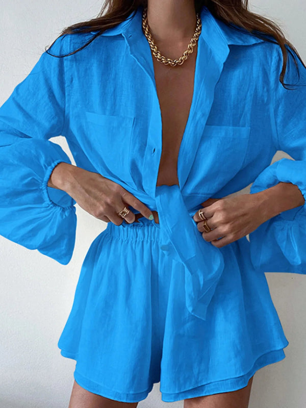 Full Size Button Up Balloon Sleeve Top and Shorts Set Plus Size - ShalayeFashion