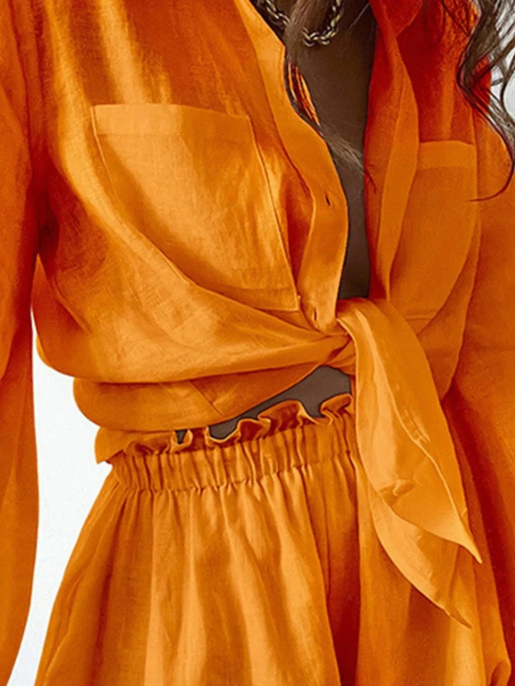 Full Size Button Up Balloon Sleeve Top and Shorts Set Plus Size - ShalayeFashion