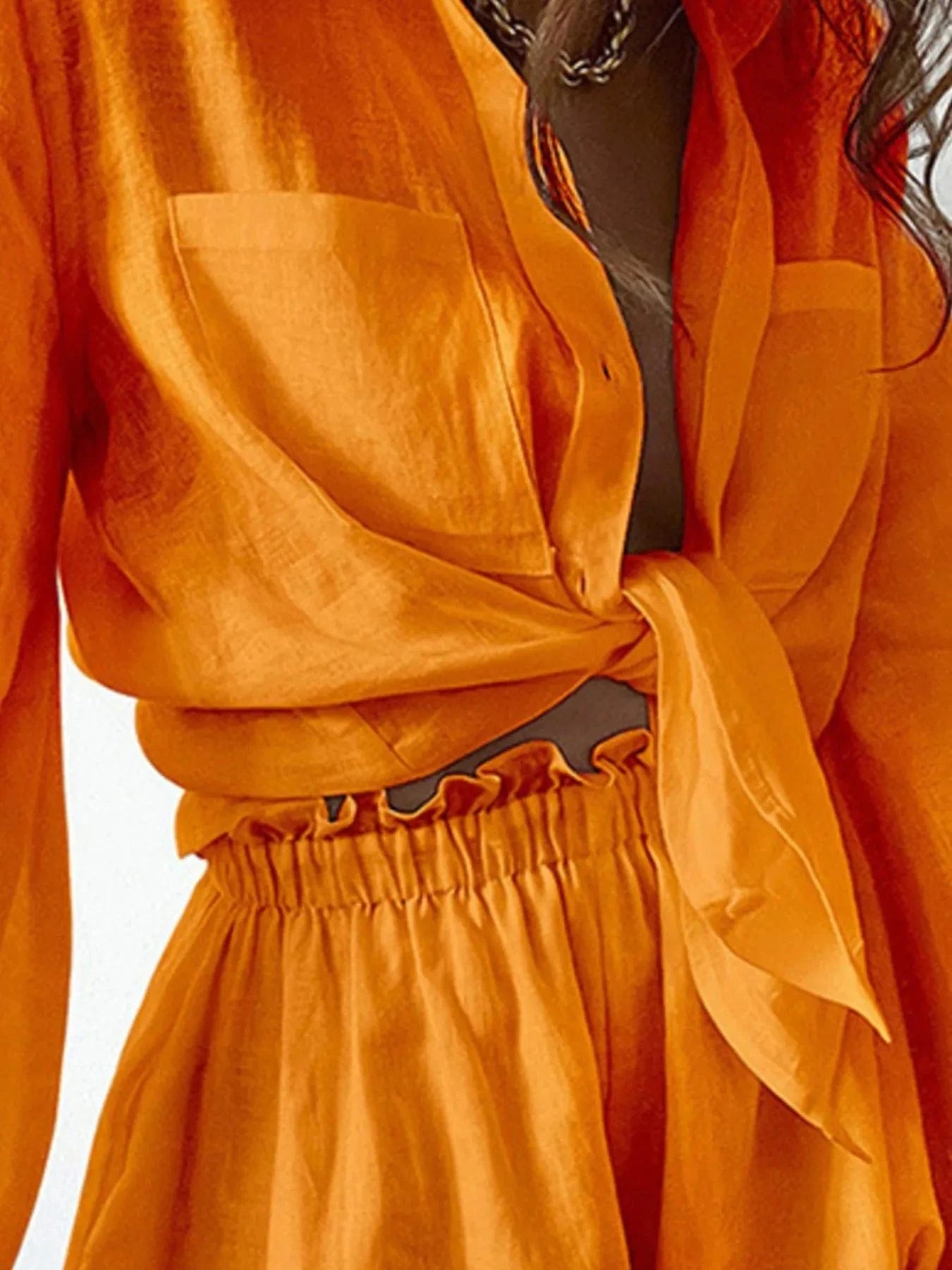 Full Size Button Up Balloon Sleeve Top and Shorts Set Plus Size - ShalayeFashion