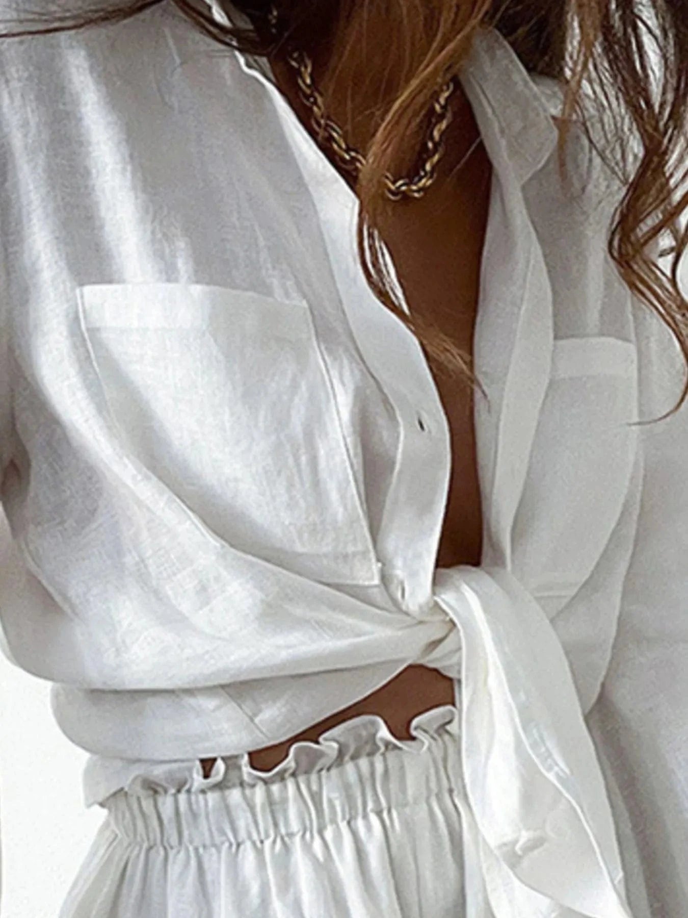 Full Size Button Up Balloon Sleeve Top and Shorts Set Plus Size - ShalayeFashion