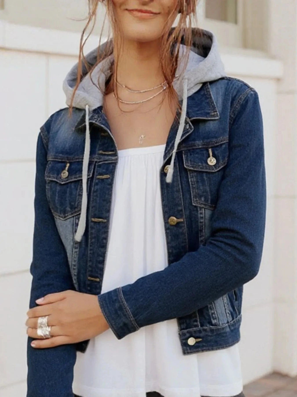 Full Size Button Up Drawstring Hooded Denim Jacket Plus Size - ShalayeFashion