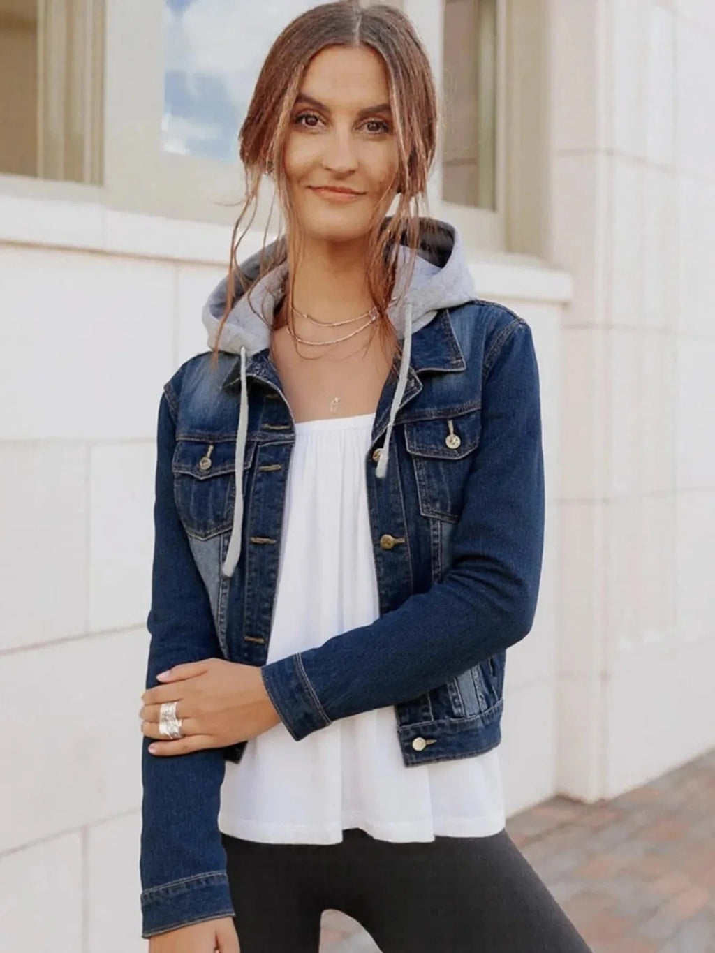 Full Size Button Up Drawstring Hooded Denim Jacket Plus Size - ShalayeFashion