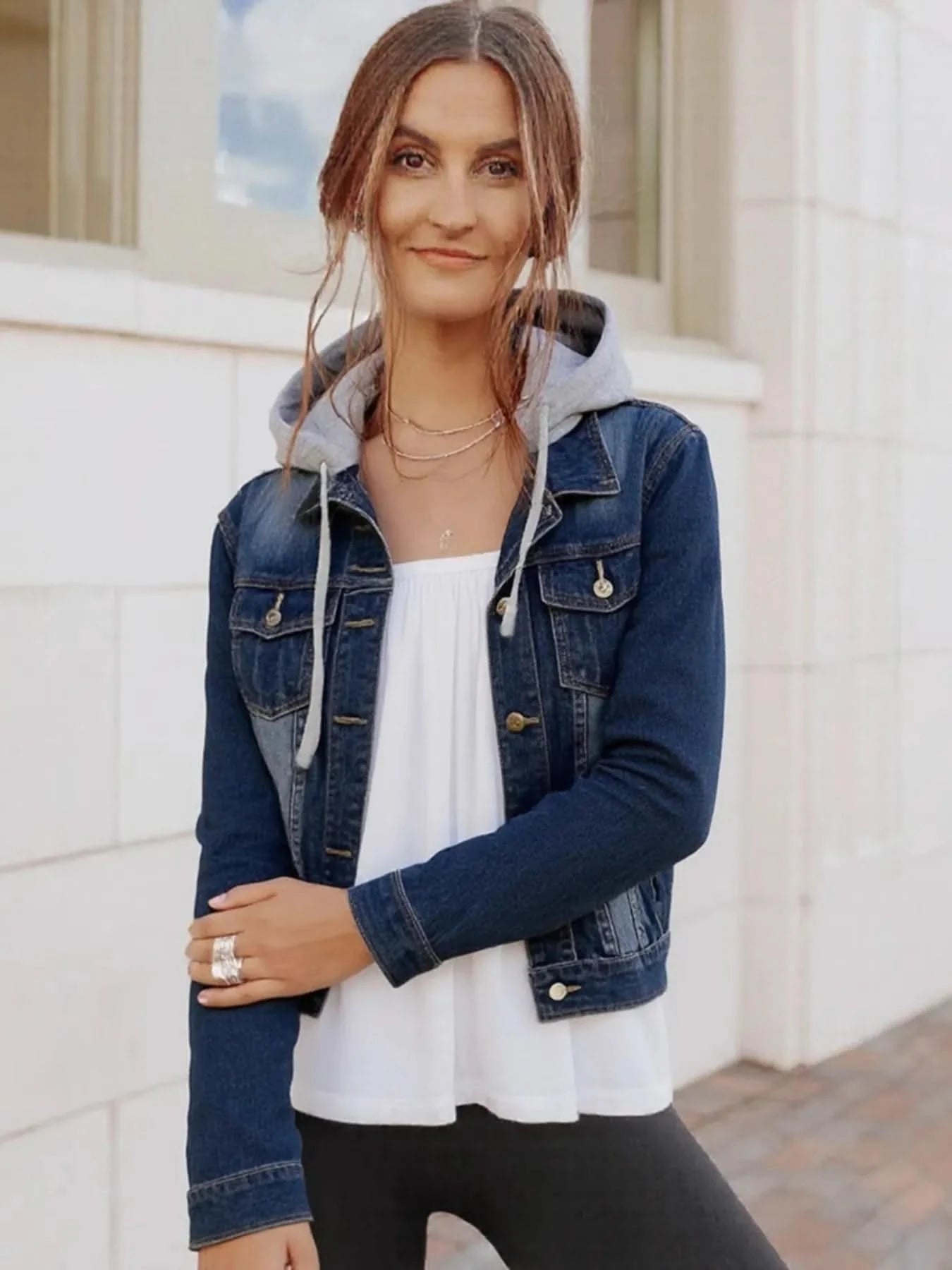 Full Size Button Up Drawstring Hooded Denim Jacket Plus Size - ShalayeFashion