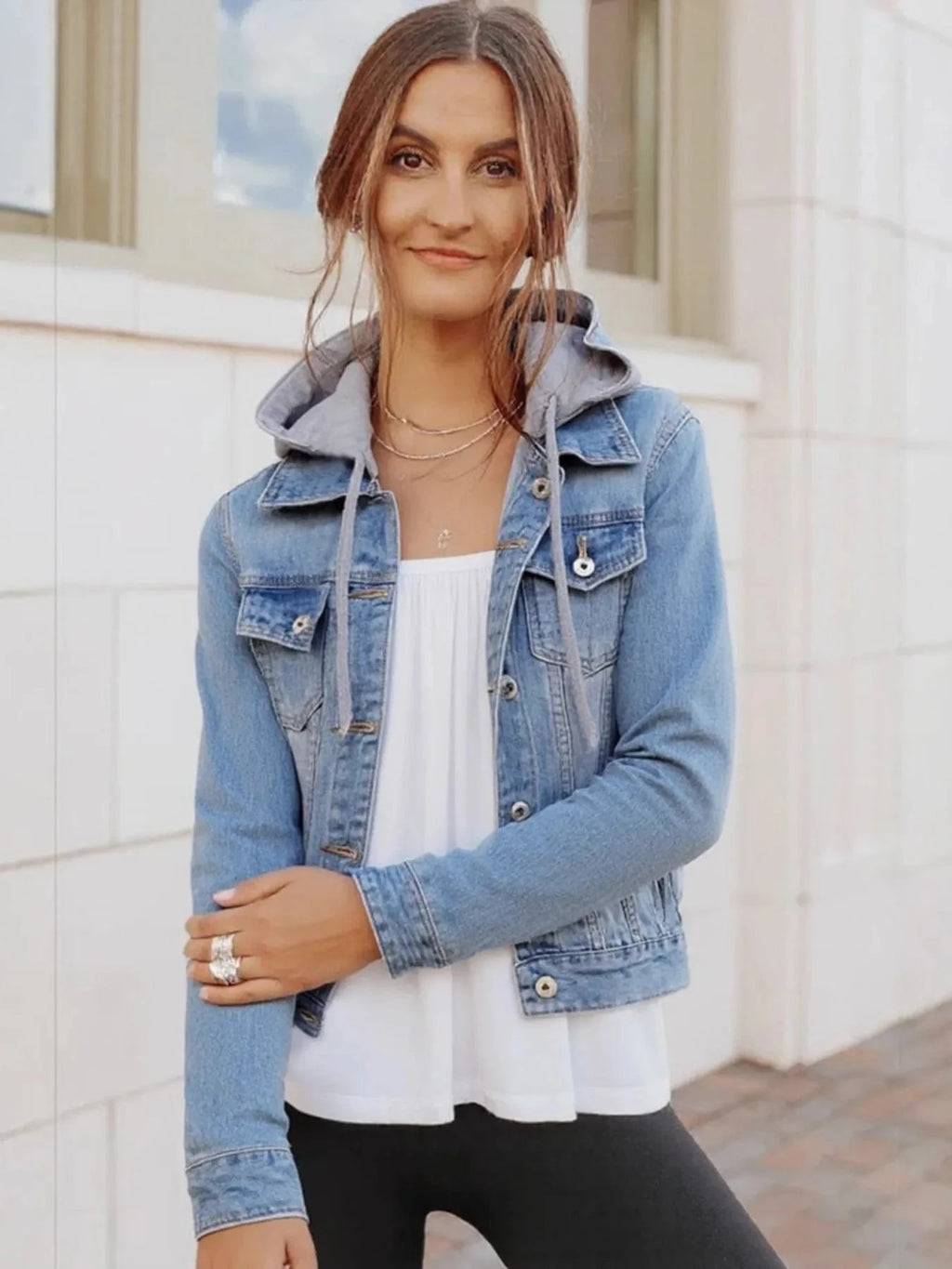 Full Size Button Up Drawstring Hooded Denim Jacket Plus Size - ShalayeFashion