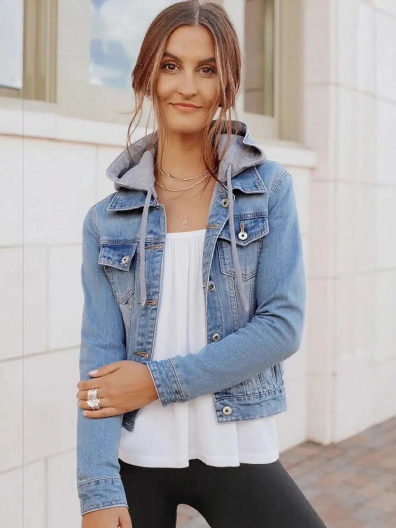 Full Size Button Up Drawstring Hooded Denim Jacket Plus Size - ShalayeFashion