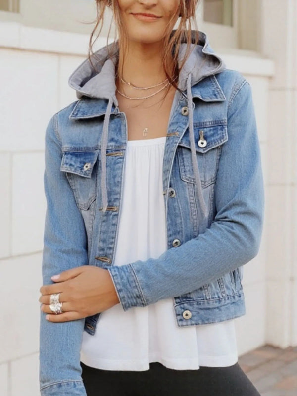 Full Size Button Up Drawstring Hooded Denim Jacket Plus Size - ShalayeFashion