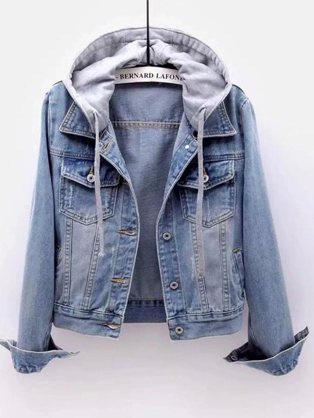 Full Size Button Up Drawstring Hooded Denim Jacket Plus Size - ShalayeFashion