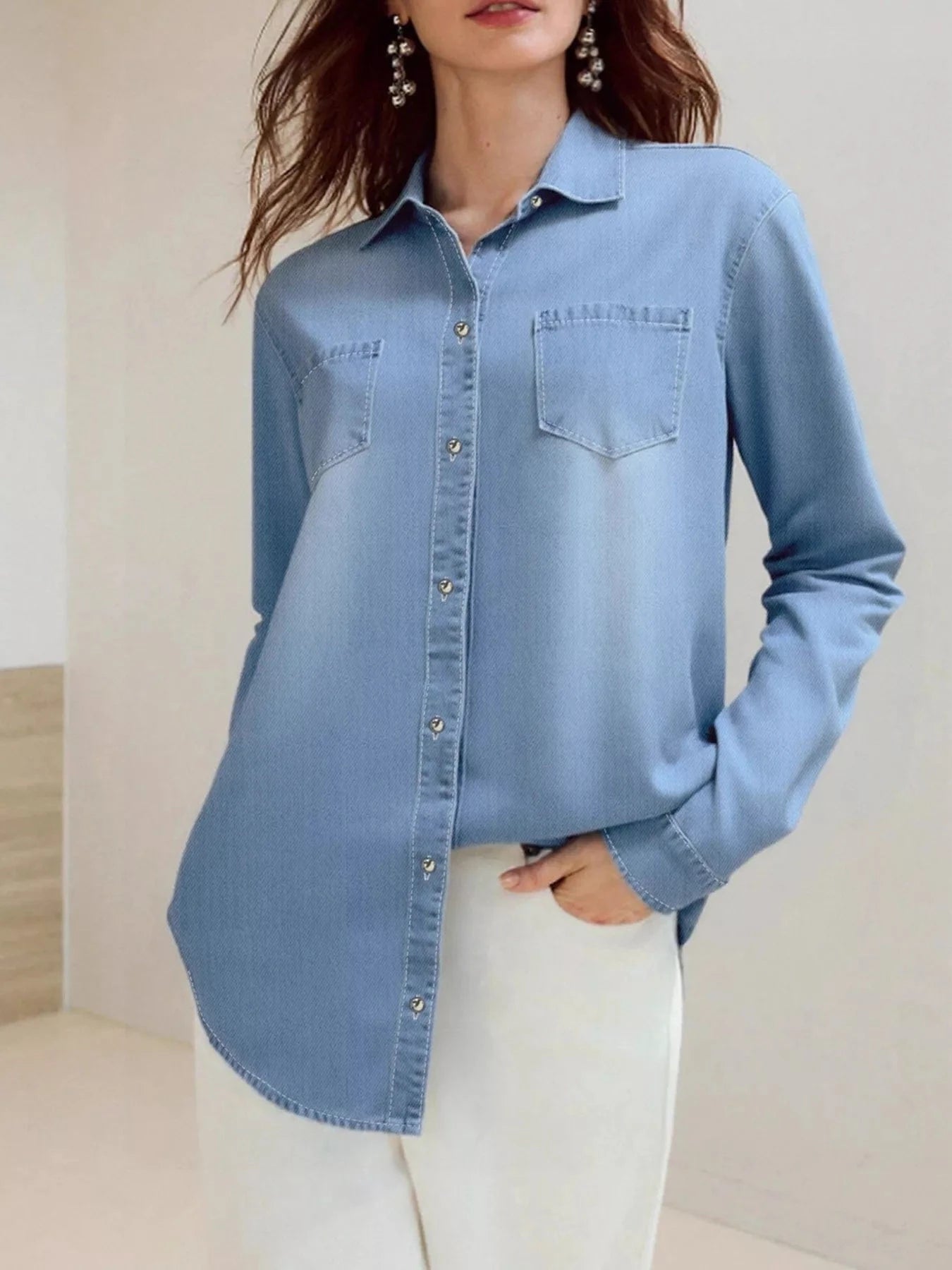 Full Size Button - Up Long Sleeve Denim Shirt Plus Size - ShalayeFashion