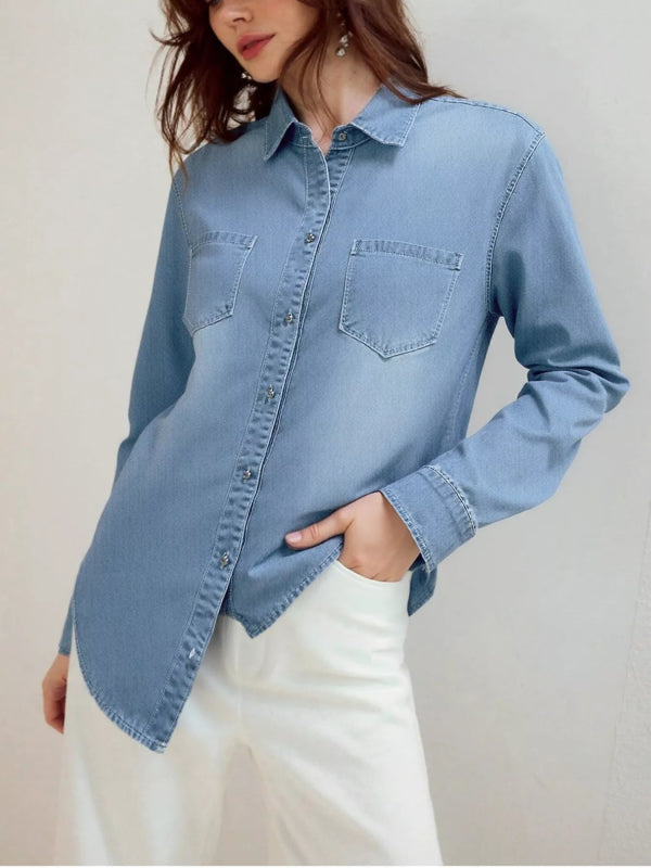 Full Size Button - Up Long Sleeve Denim Shirt Plus Size - ShalayeFashion