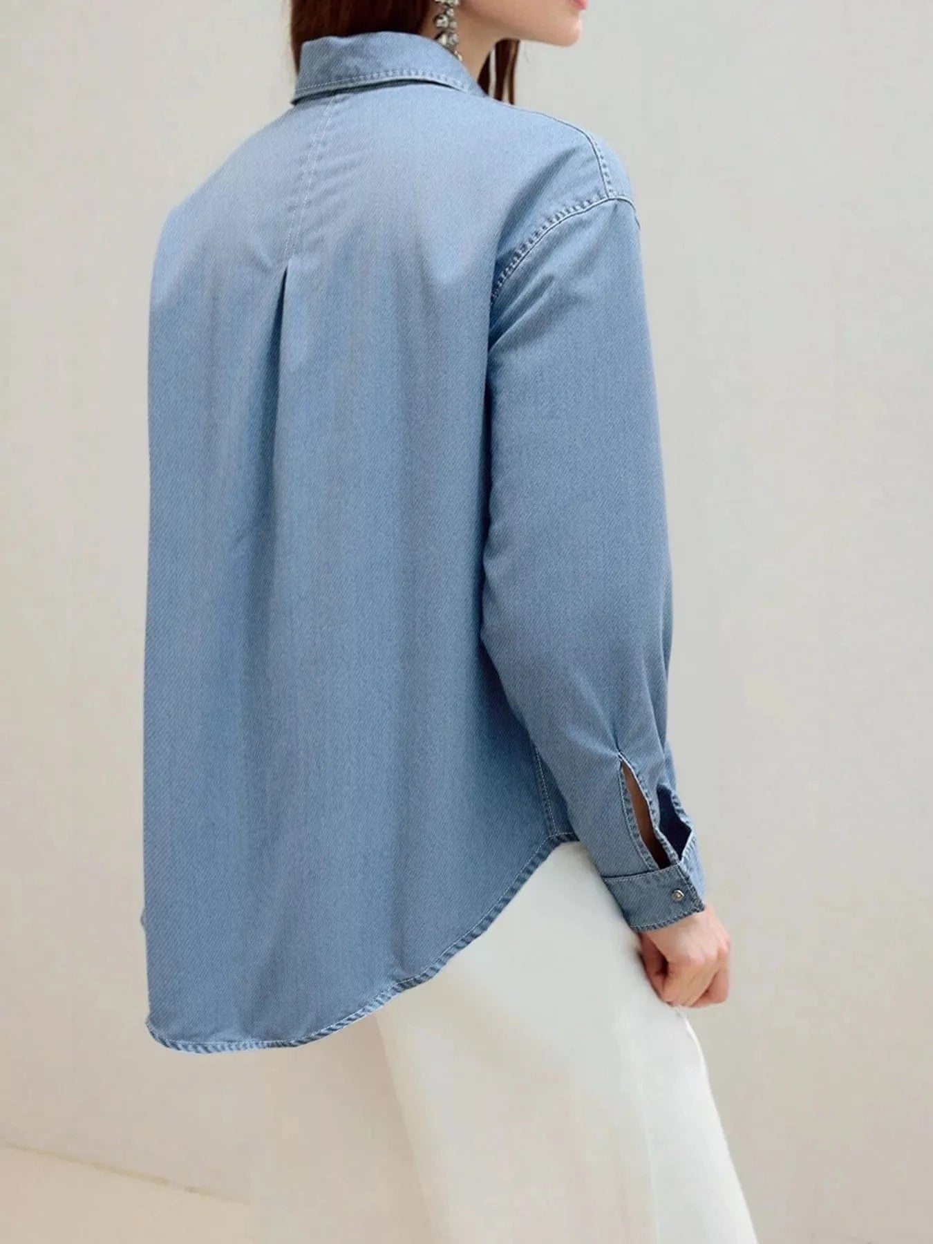 Full Size Button - Up Long Sleeve Denim Shirt Plus Size - ShalayeFashion