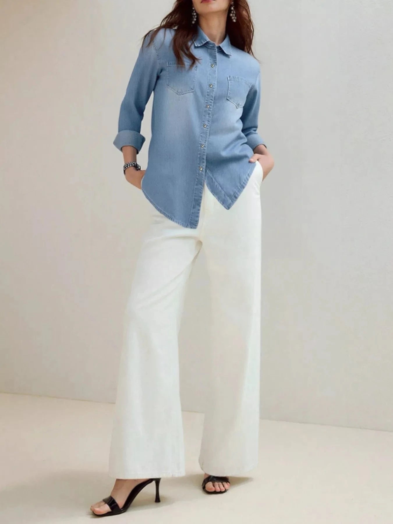 Full Size Button - Up Long Sleeve Denim Shirt Plus Size - ShalayeFashion