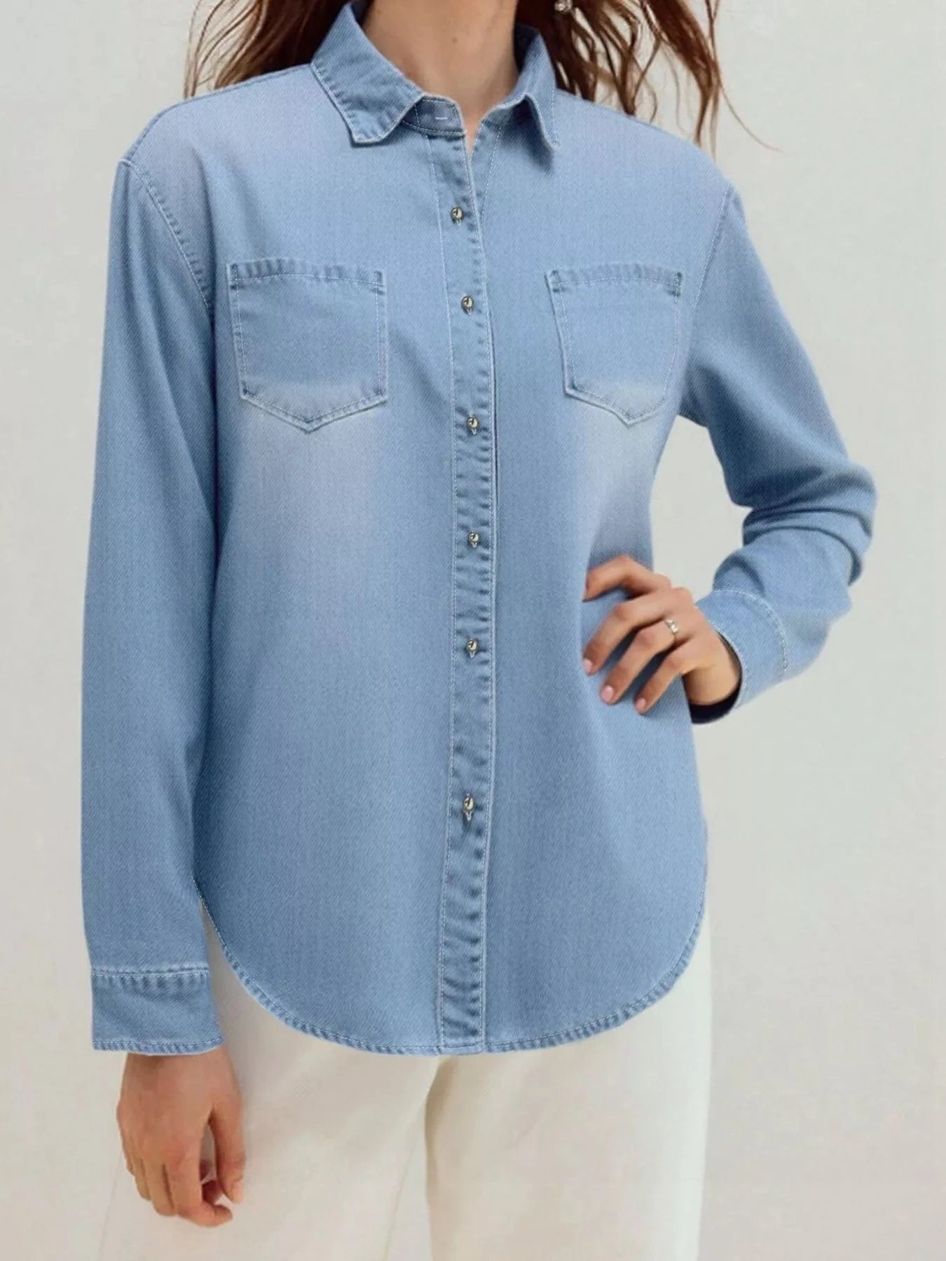 Full Size Button - Up Long Sleeve Denim Shirt Plus Size - ShalayeFashion
