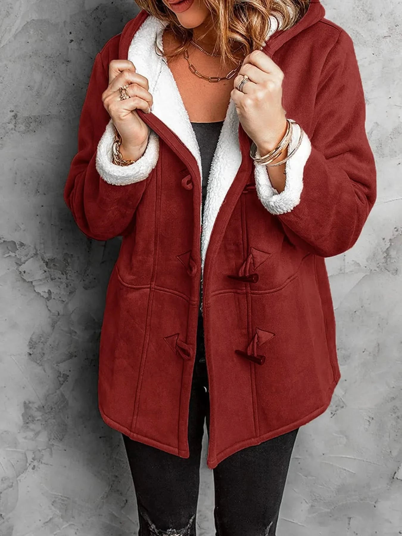 Full Size Cozy Sherpa Lined Toggle Coat with Hood Plus Size - ShalayeFashion