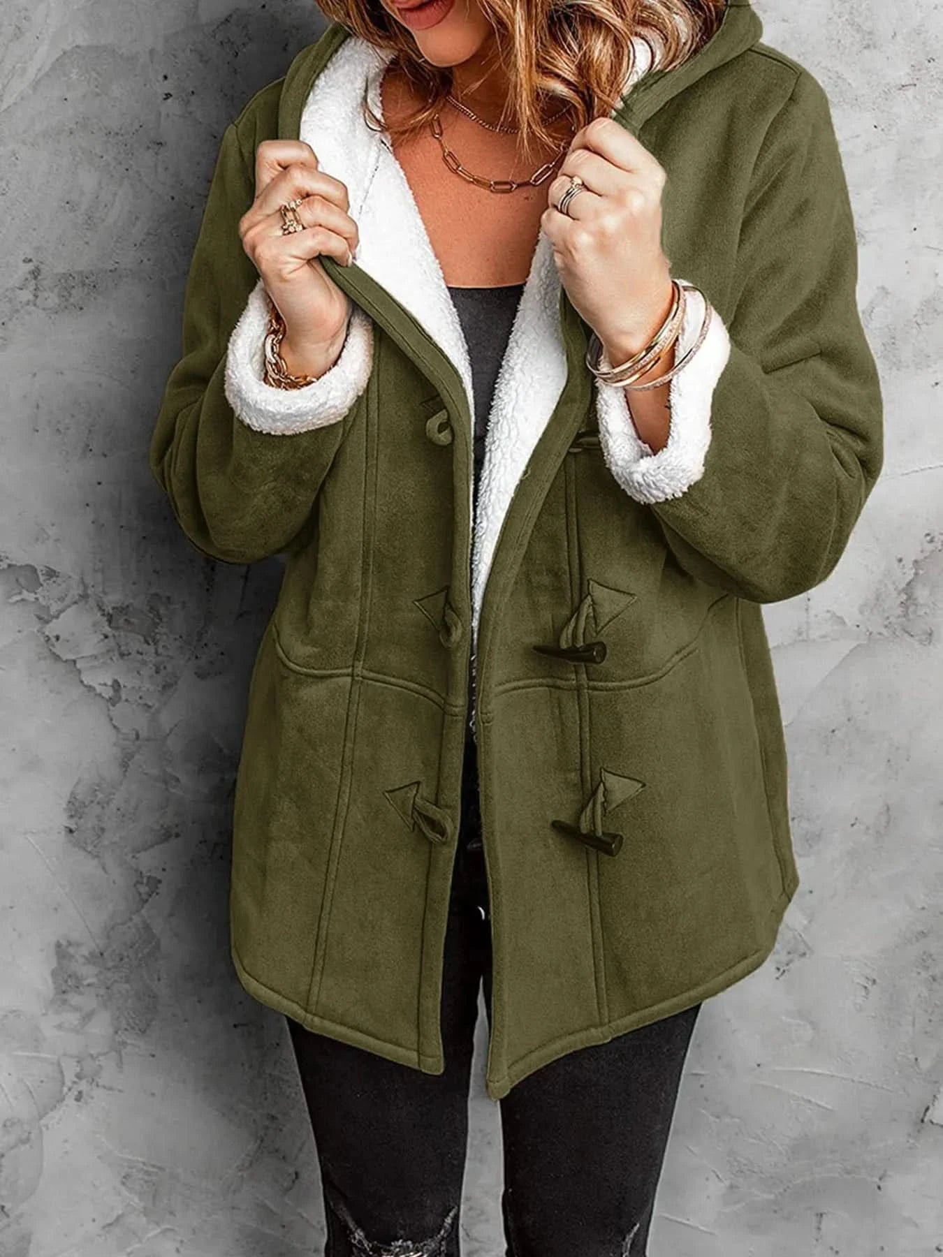 Full Size Cozy Sherpa Lined Toggle Coat with Hood Plus Size - ShalayeFashion
