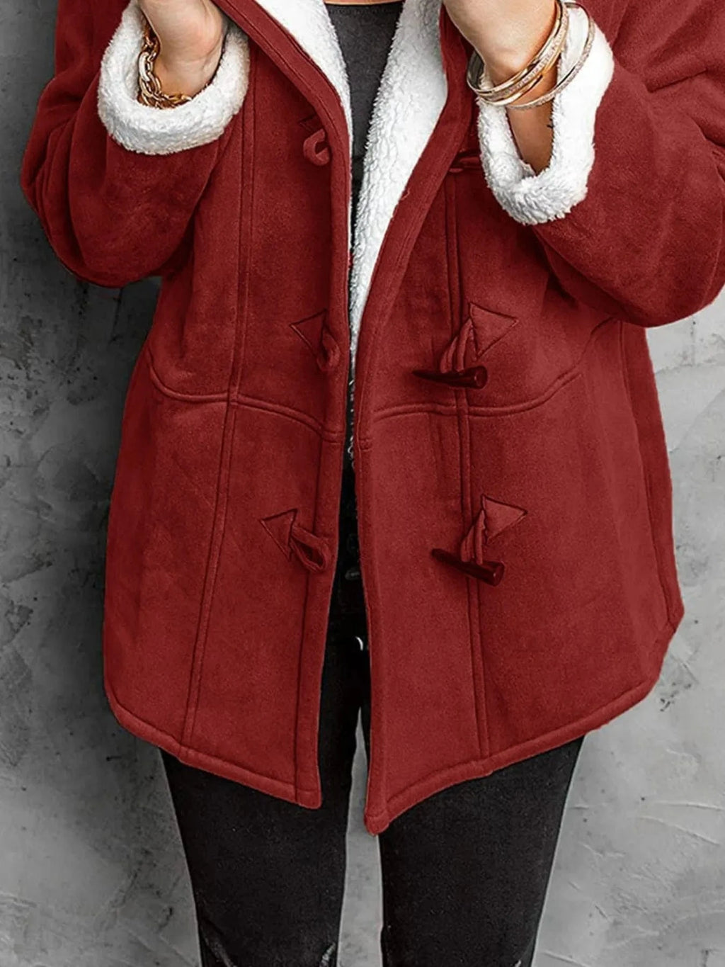 Full Size Cozy Sherpa Lined Toggle Coat with Hood Plus Size - ShalayeFashion