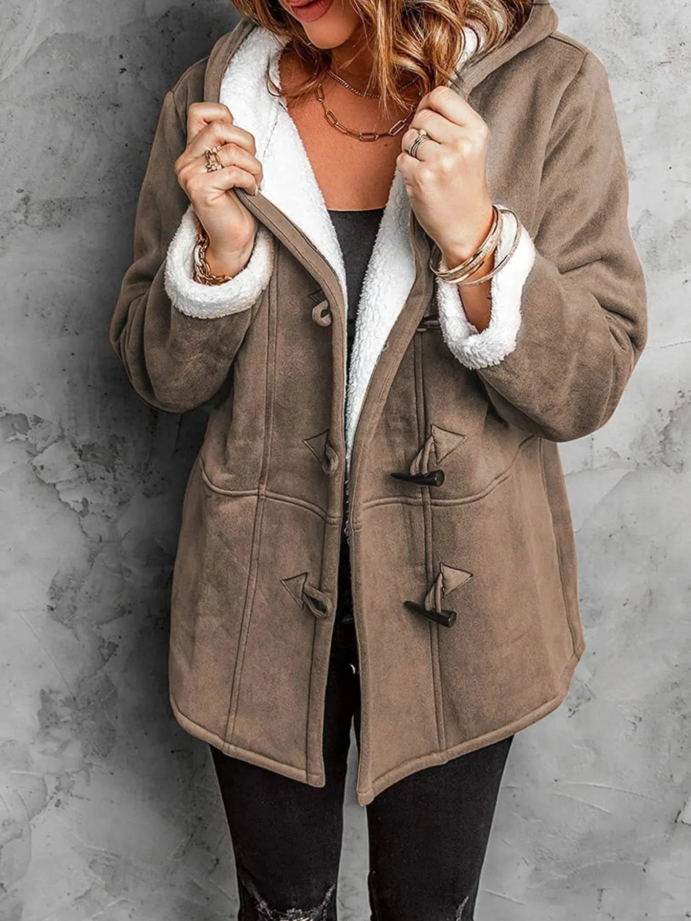 Full Size Cozy Sherpa Lined Toggle Coat with Hood Plus Size - ShalayeFashion