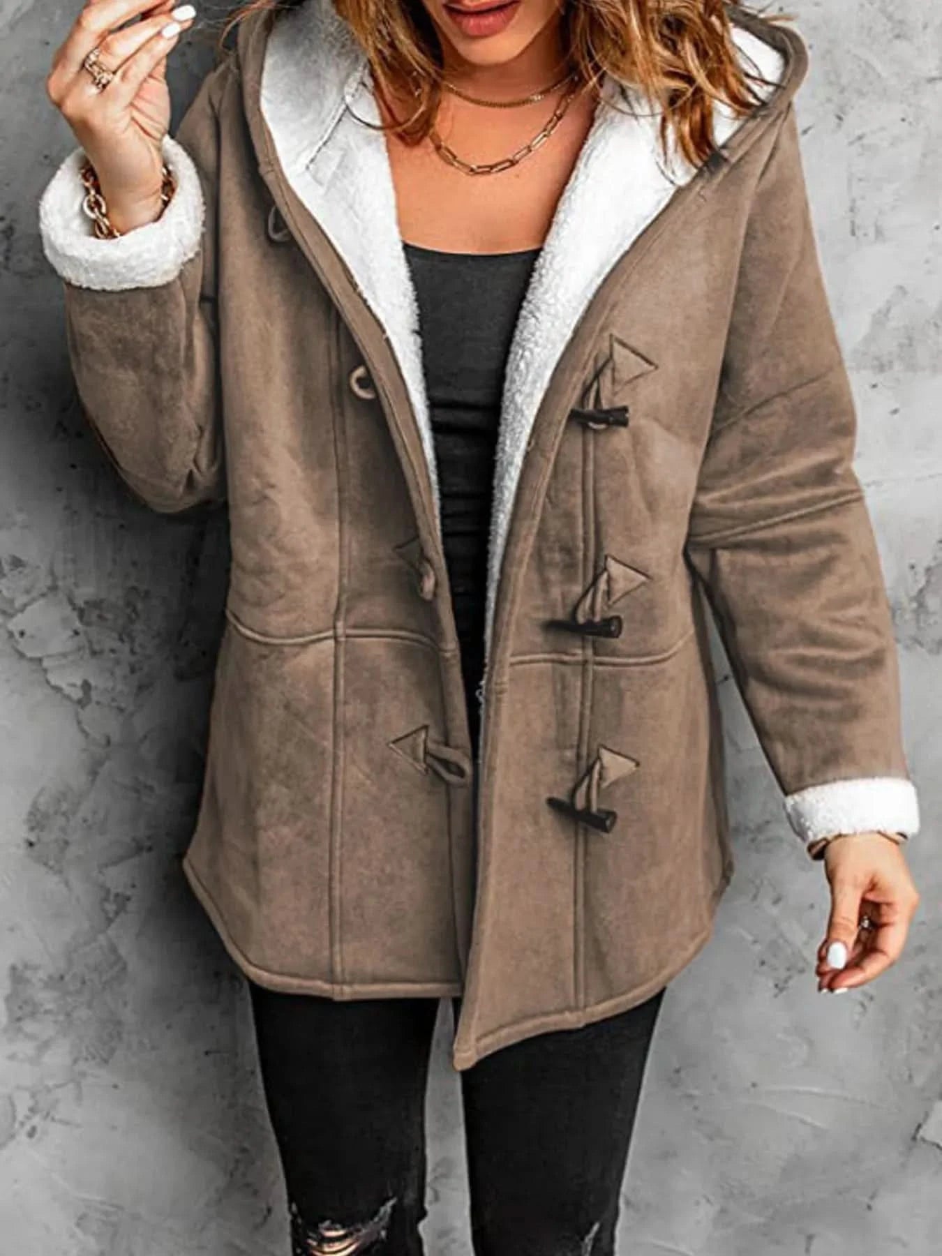 Full Size Cozy Sherpa Lined Toggle Coat with Hood Plus Size - ShalayeFashion