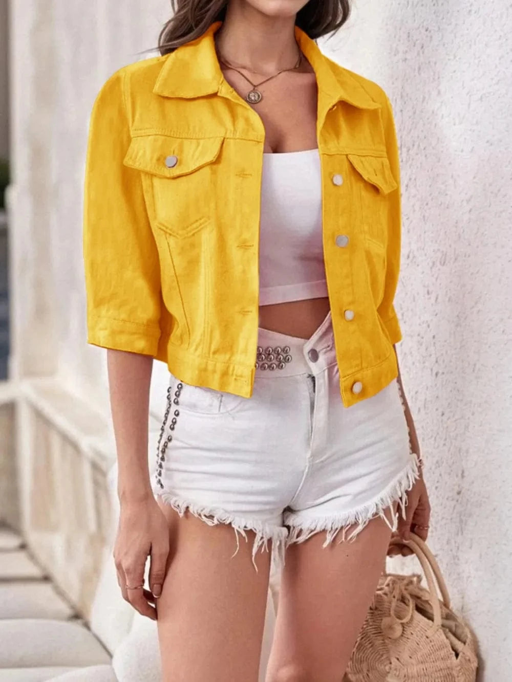 Full Size Cropped Denim Jacket Plus Size - ShalayeFashion