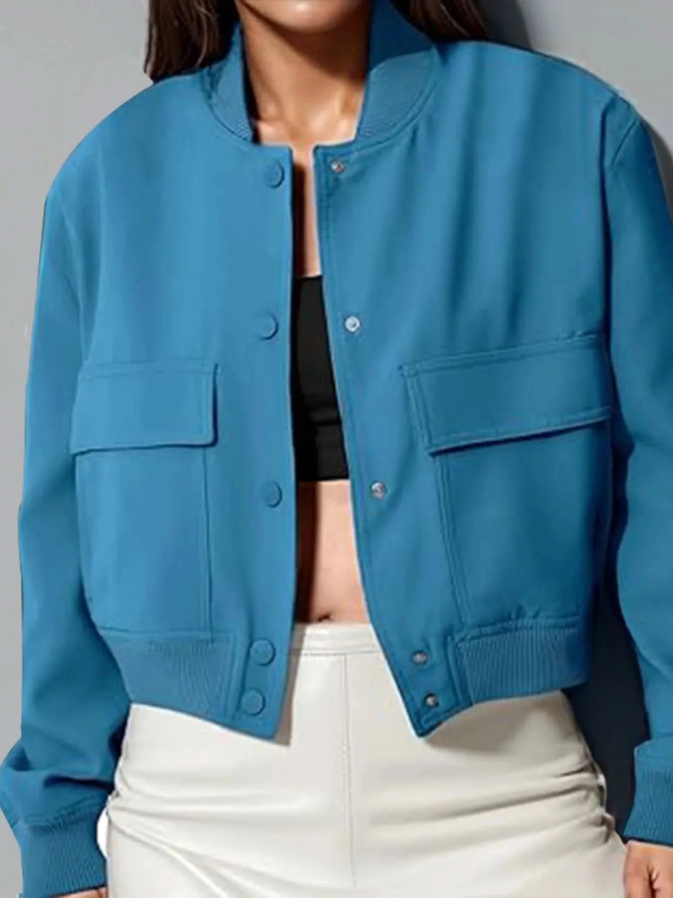 Full Size Cropped Snap Down Jacket Plus Size - ShalayeFashion