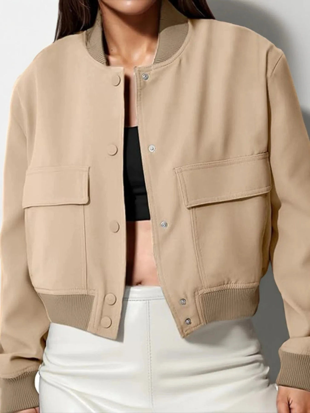 Full Size Cropped Snap Down Jacket Plus Size - ShalayeFashion