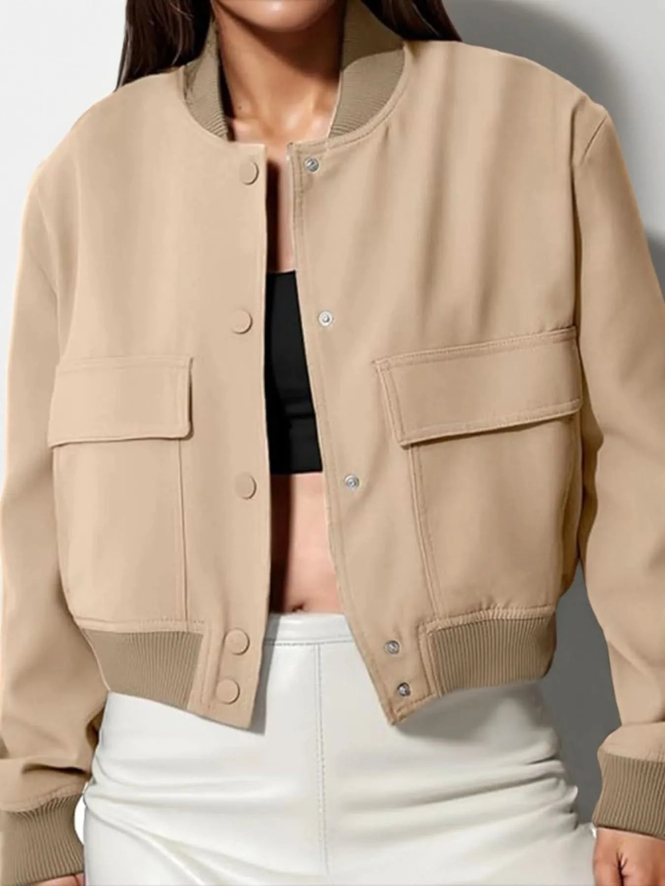 Full Size Cropped Snap Down Jacket Plus Size - ShalayeFashion