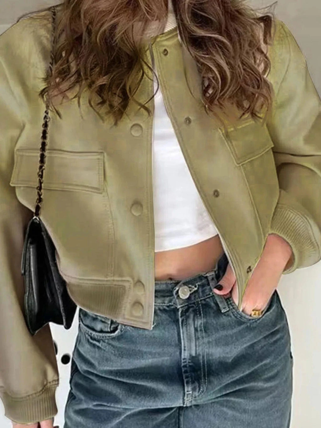 Full Size Cropped Snap Down Jacket Plus Size - ShalayeFashion