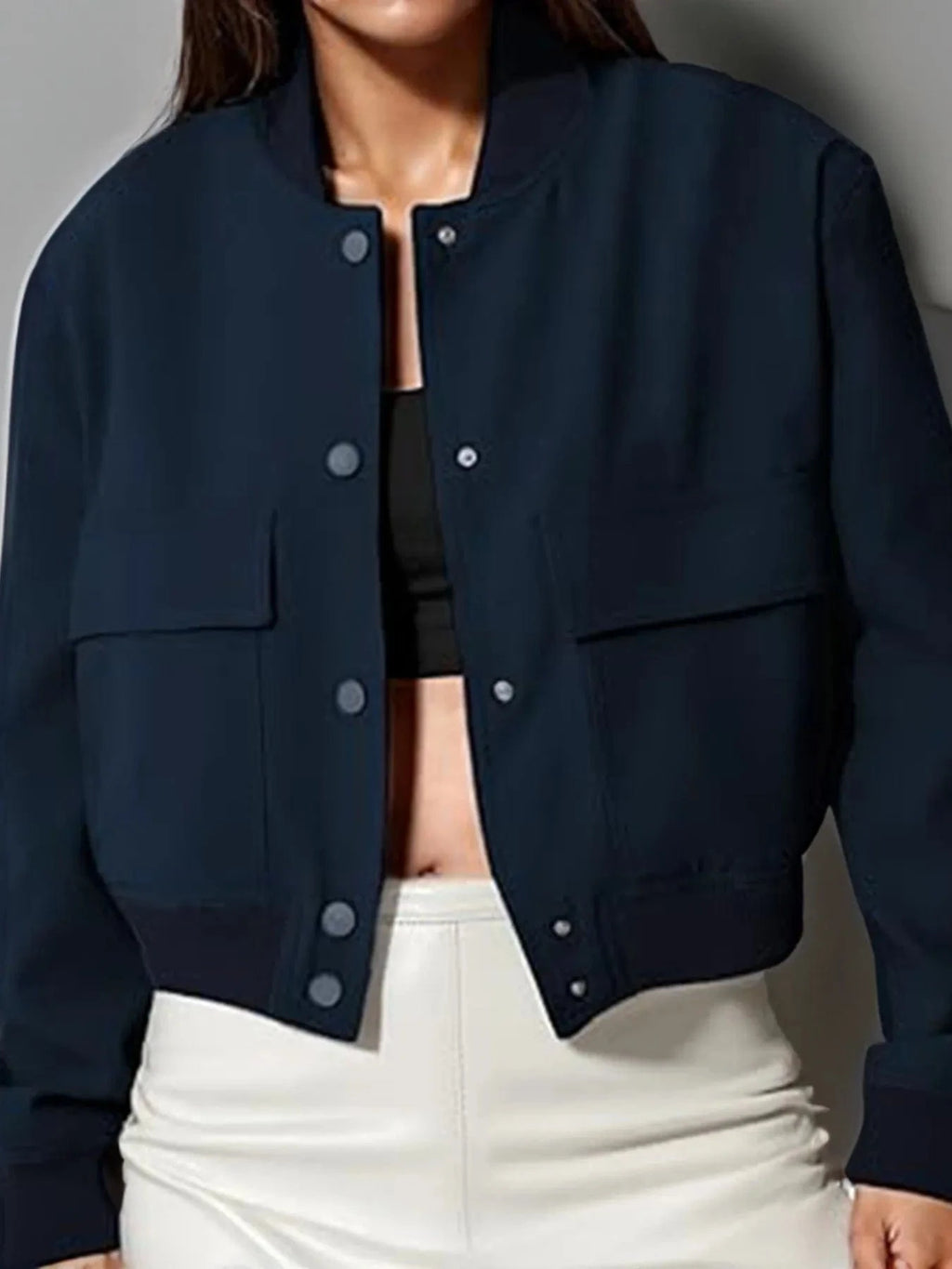 Full Size Cropped Snap Down Jacket Plus Size - ShalayeFashion