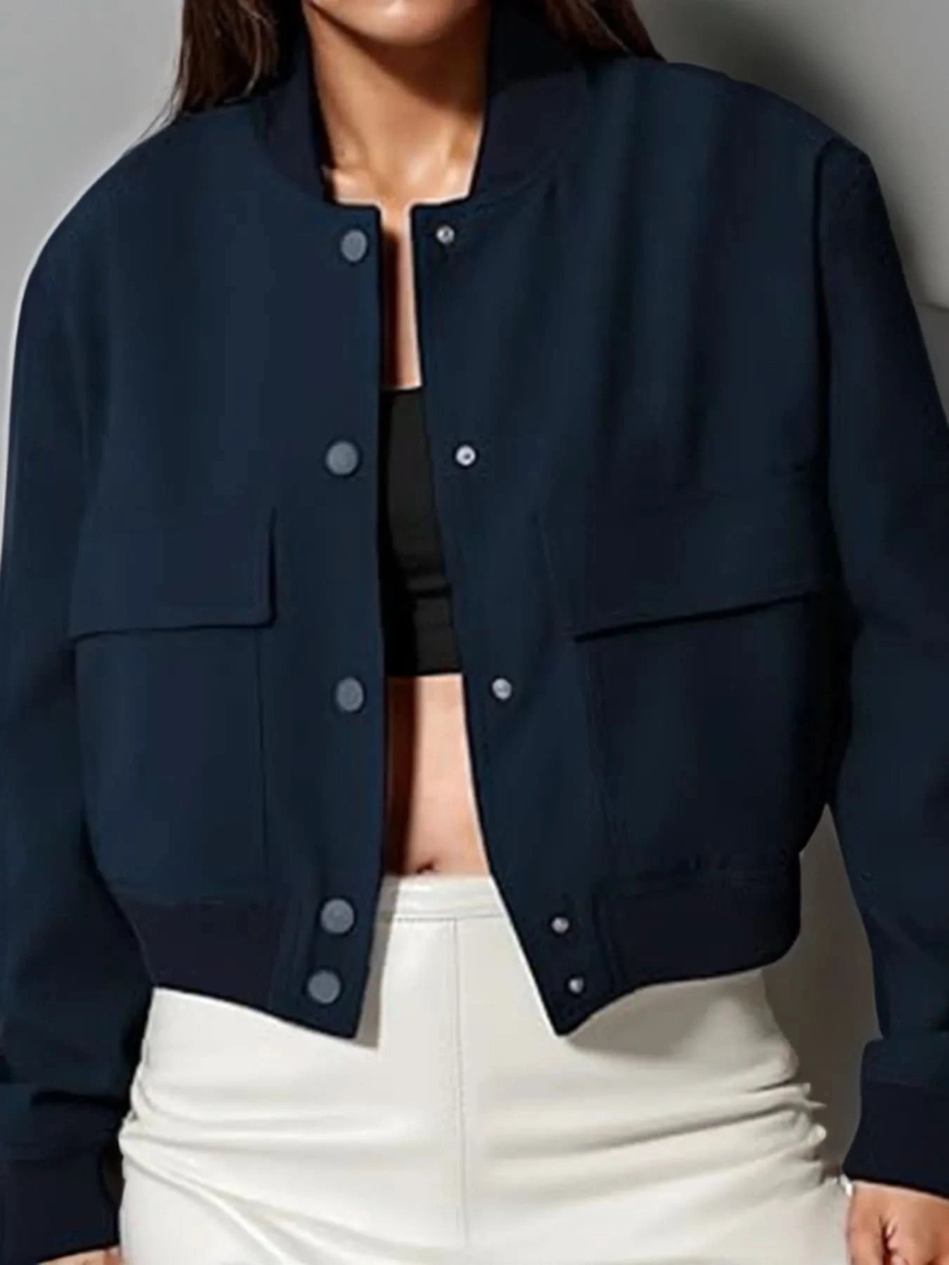 Full Size Cropped Snap Down Jacket Plus Size - ShalayeFashion