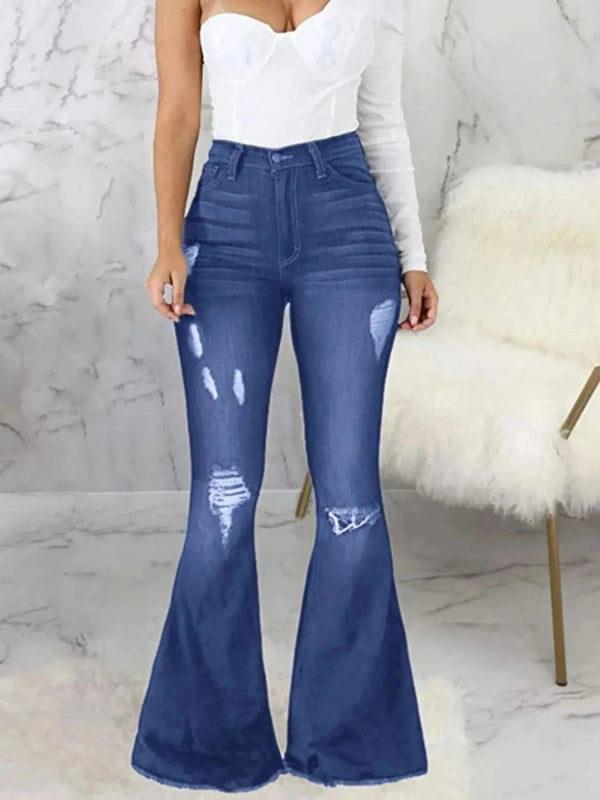 Full Size Distressed Raw Hem Flare Jeans Plus Size - ShalayeFashion