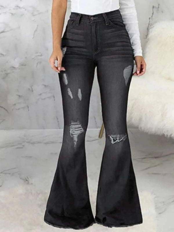 Full Size Distressed Raw Hem Flare Jeans Plus Size - ShalayeFashion