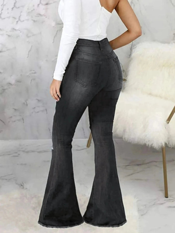 Full Size Distressed Raw Hem Flare Jeans Plus Size - ShalayeFashion