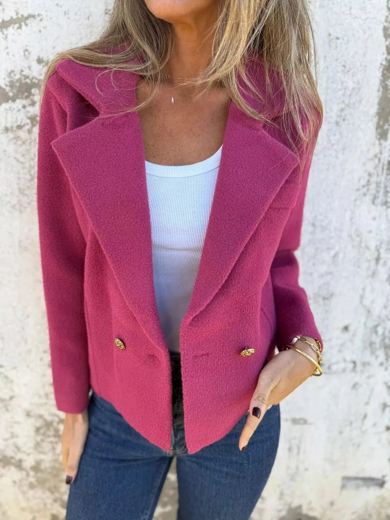 Full Size Double - Breasted Lapel Collar Blazer Plus Size - ShalayeFashion
