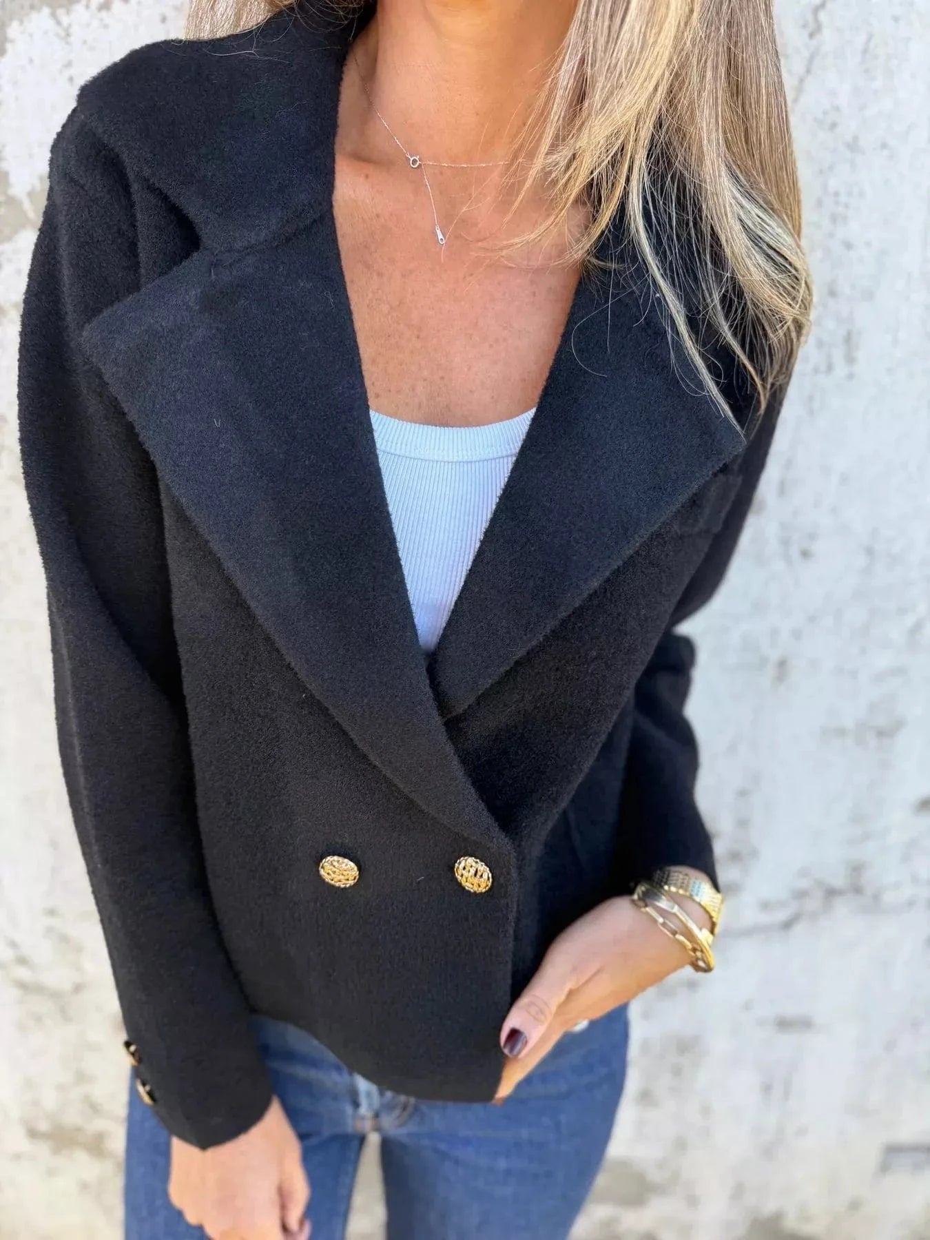 Full Size Double - Breasted Lapel Collar Blazer Plus Size - ShalayeFashion