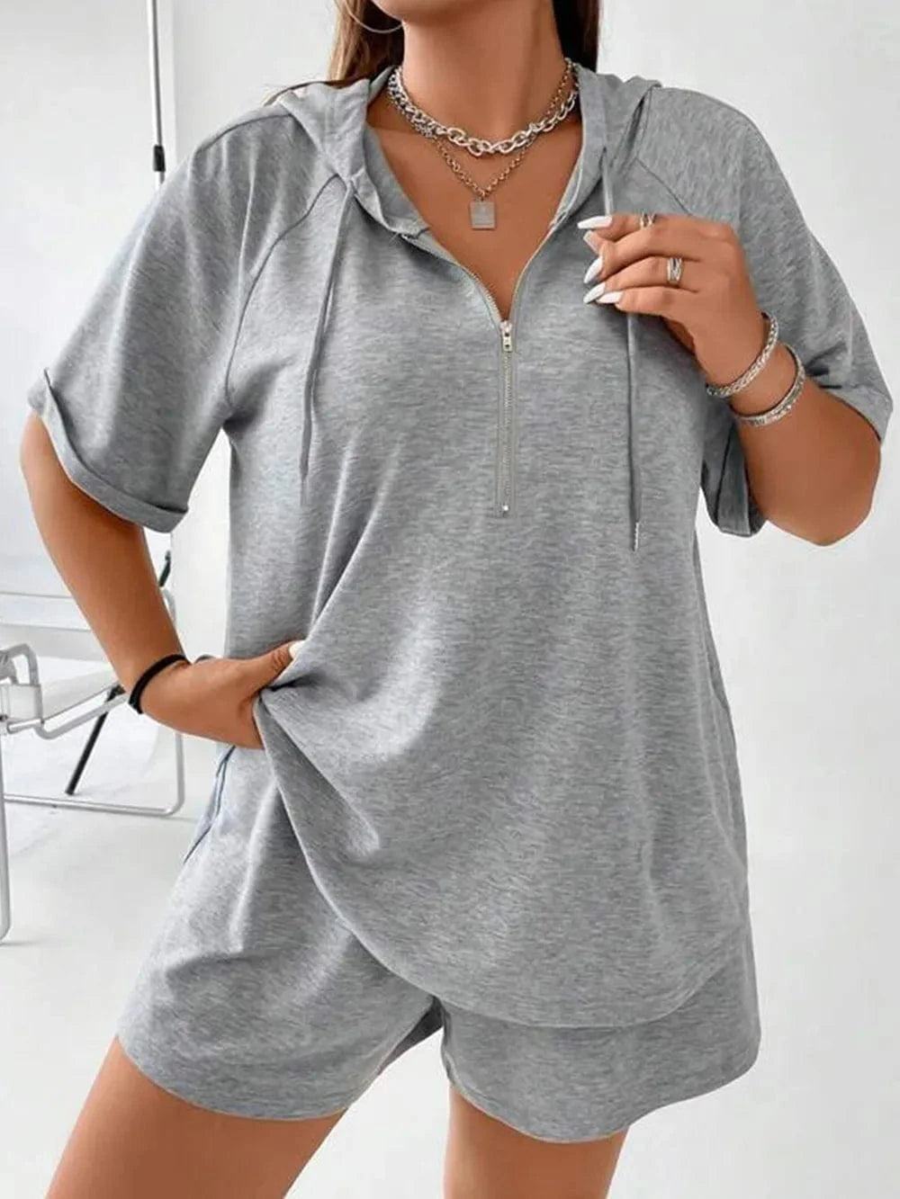 Full Size Drawstring Half Zip Hooded Top and Shorts Set Plus Size - ShalayeFashion