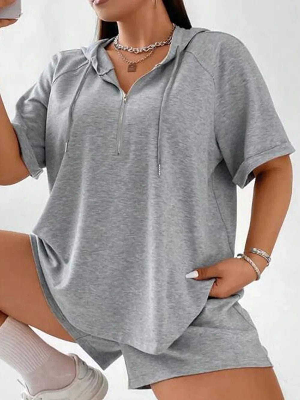 Full Size Drawstring Half Zip Hooded Top and Shorts Set Plus Size - ShalayeFashion